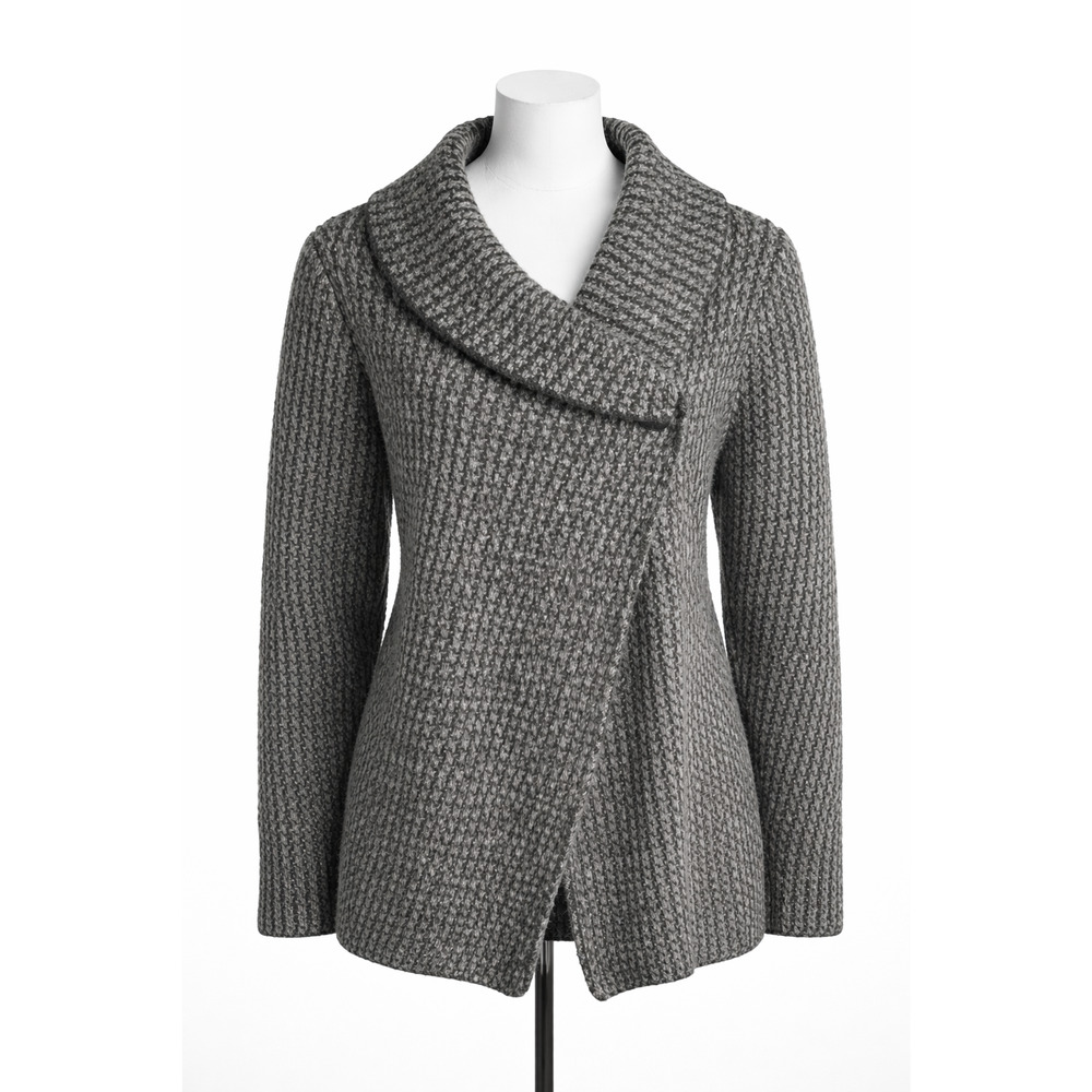Max Studio Wool Blend Wrap Collar Knit Cardigan Cozy Chic Gray Large